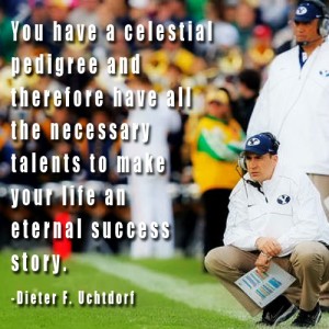 Brandon Doman crouching on sidelines at BYU football game. Quote about talents from Dieter Uchtdorf.